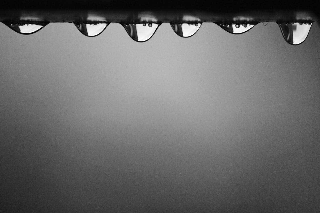 A black and white macro photo featuring dewdrops on a surface, capturing minimalistic beauty.
